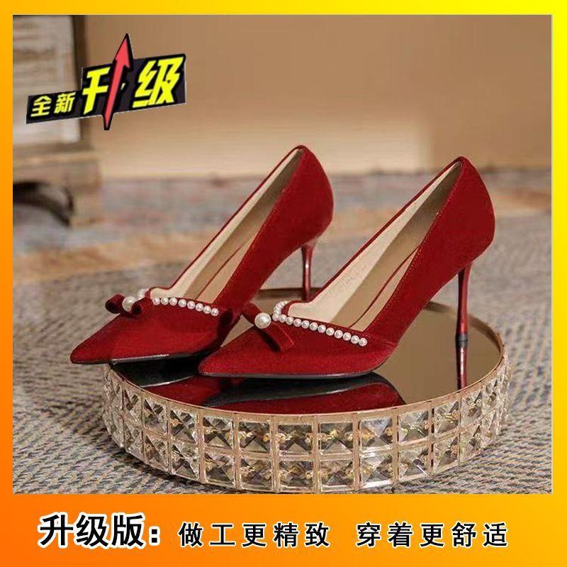 2025 spring and autumn new wedding shoes show clothes wedding dress two wear single shoes bride shoes thin heel pearl red high heels