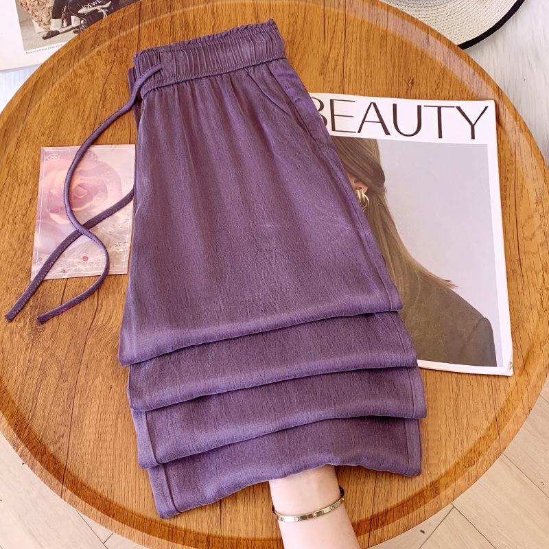 

Женские фиолетовые брюки палаццо из ледяного шелка, лето 2025, прохладный драпированный стиль с прямыми штанинами L (105-115 jin)