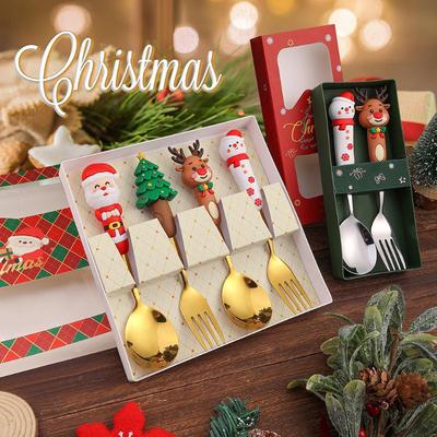 Set di 4 posate da regalo di Natale Oro Argento, Forchetta Cucchiaio Set, Decorazione Albero di Natale Renna, Paletta per Dessert Forchetta da Frutta Cucchiaino da Caffè Set di Posate