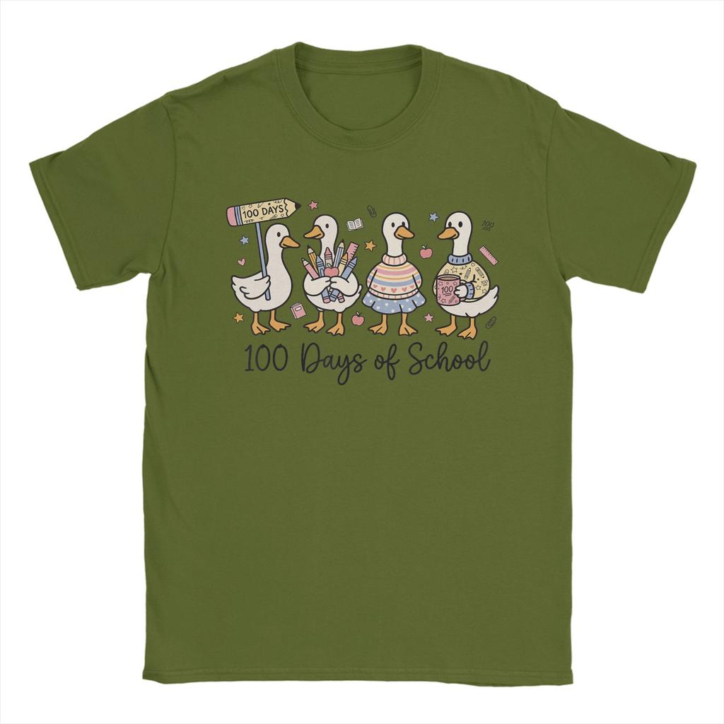 Vintage 100 Days of School Ducks Cute Goose Teacher 100th Day TShirts Unisex Round Collar Pure Cotton T Shirts Short Sleeve