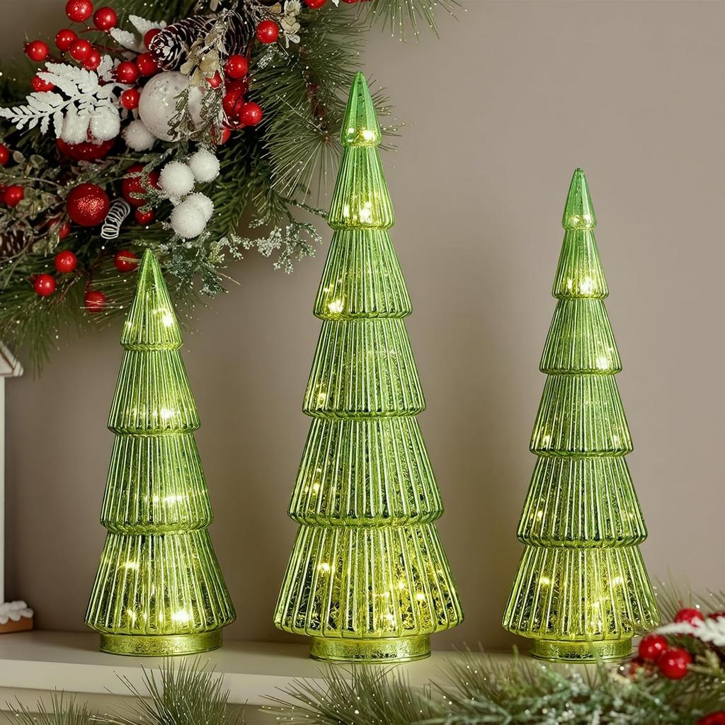 3pcs Green Glass Christmas Tree Figurines, Crystal Finish Tabletop Ornaments for Home Decor