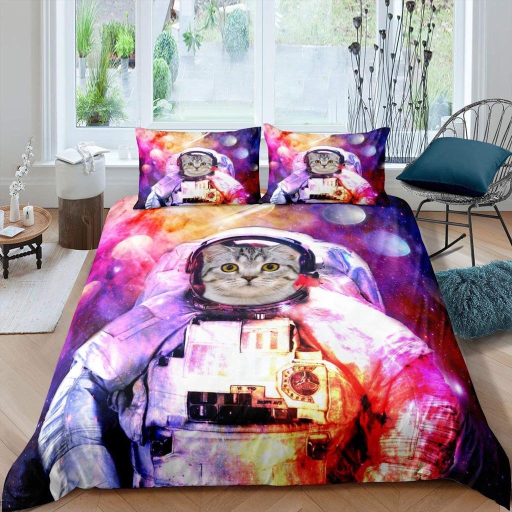 Galaxy Cat Duvet Cover Set Microfiber Universe Galaxy Bedding Set Cute Kitten Comforter Cover Outer Space Planets Quilt Cover