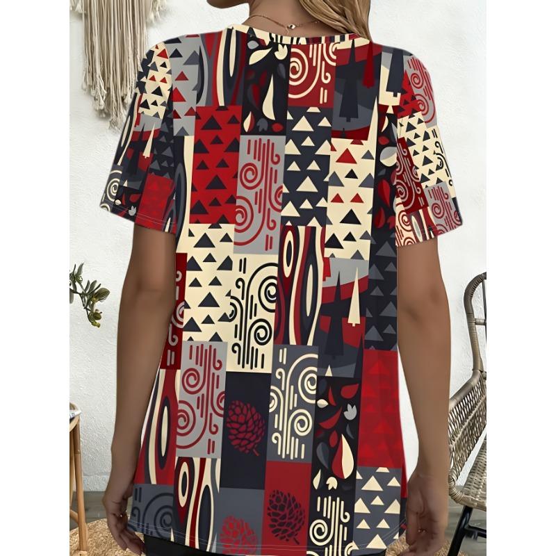 Women's Bohemian Ethnic T-Shirt Full-Body Print Short Sleeve Blouse Suitable for Summer, Round Neck Casual Top
