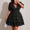 Vestido de tarta corto de color liso, manga corta, cuello en V sexy para mujer de talla grande