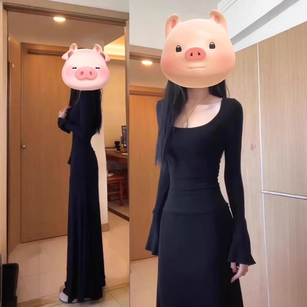 

2024 Black Long-Sleeve Slim Dress for Spring, Autumn, and Winter XL чорний