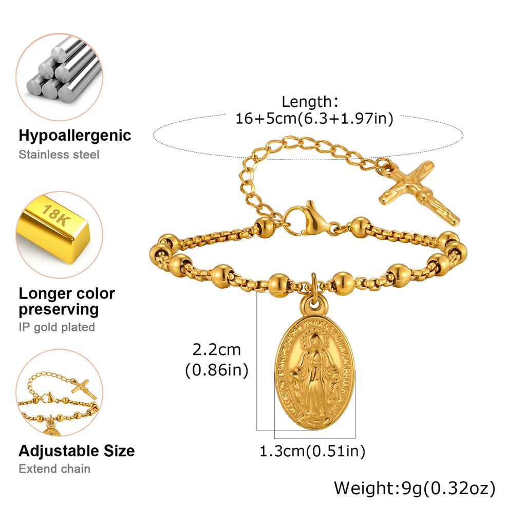 Religious Jesus Cross Rosary Bracelet for Women, Stainless Steel Virgin Mary Charms Bracelets Gold Plated Prayer Jewelry