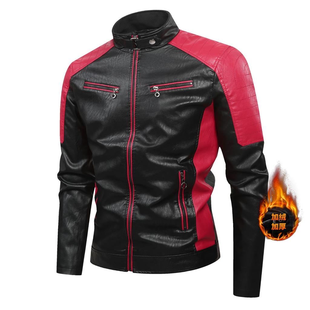 Fleece leather jacket for men, cold-proof and warm in autumn and winter, fleece leather jacket, heavy stand-up collar PU leather locomotive clothing