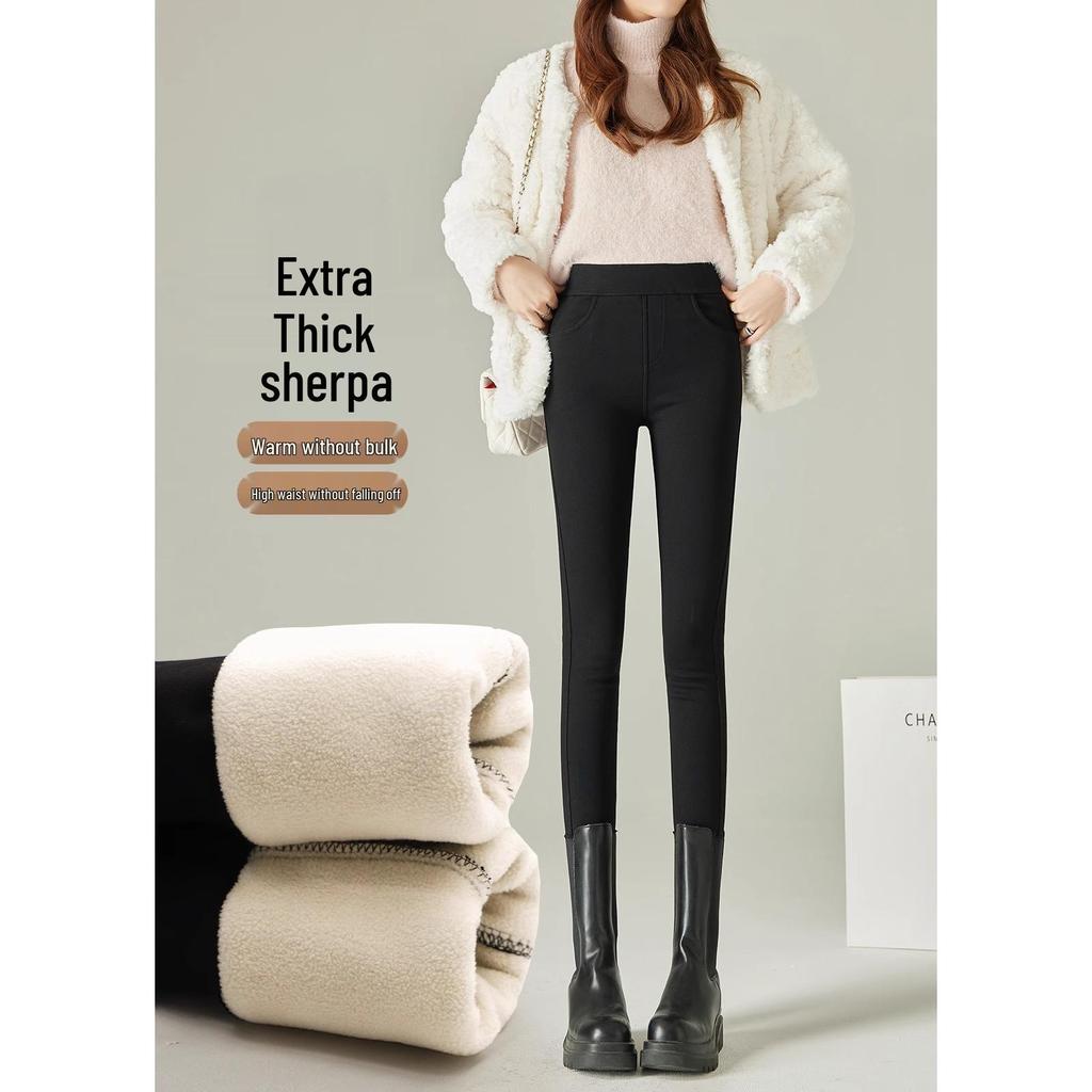 Women's High-Waist Black Wool-Lined Leggings - Warm, Thick, Velvet, Autumn/Winter 2025