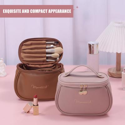 Faux Leather Cosmetic Bag Portable Handle Golden Letter Large Capacity Waterproof Zipper Multifunctional Travel Toiletry Makeup Pouch Travelling Use