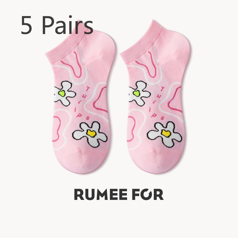 5 Pairs of Female Summer Thin Deodorant Sweat Absorbing Lovely Breathable Shallow Mouth Cartoon Boat Socks
