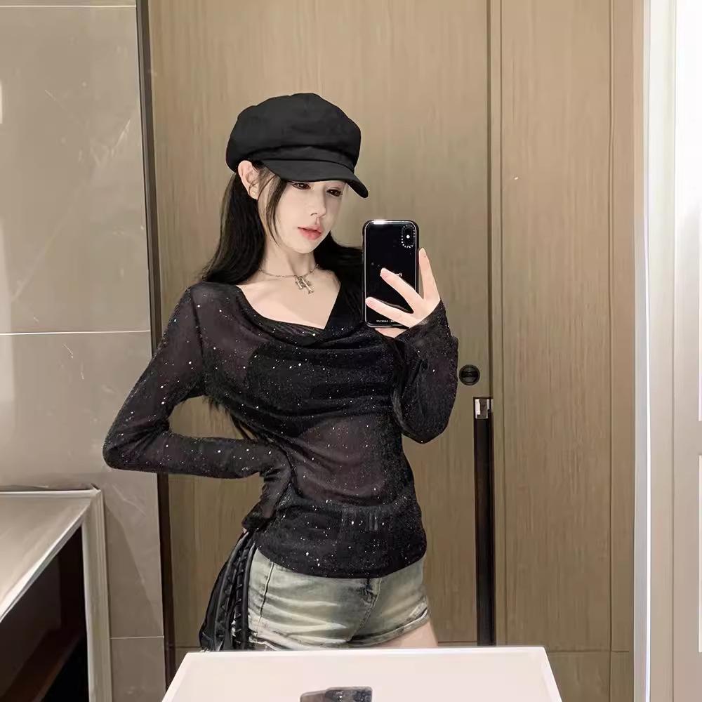 Sparkling Swing Neck Long Sleeve T-Shirt Women's Autumn Pure Desire Spice Girl Sexy See-Through Top Mesh Bottom Shirt