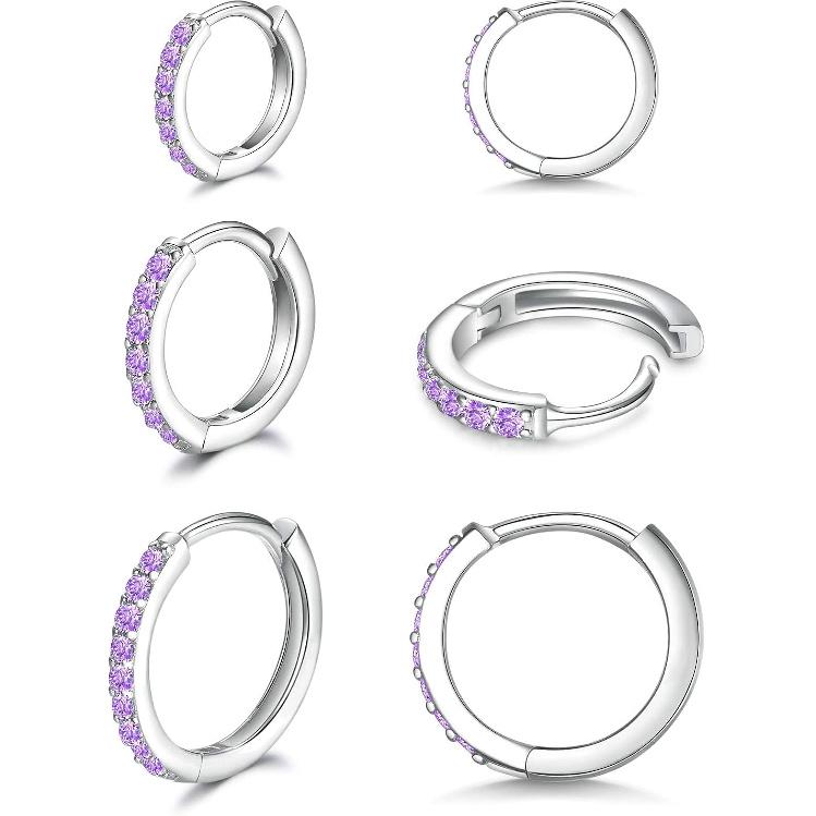 3 Pairs 925 Sterling Silver Small Hoop Earrings for Women Men | Cubic Zirconia, 14K White Gold Plated Huggie Hoop Earrings, Hypoallergenic