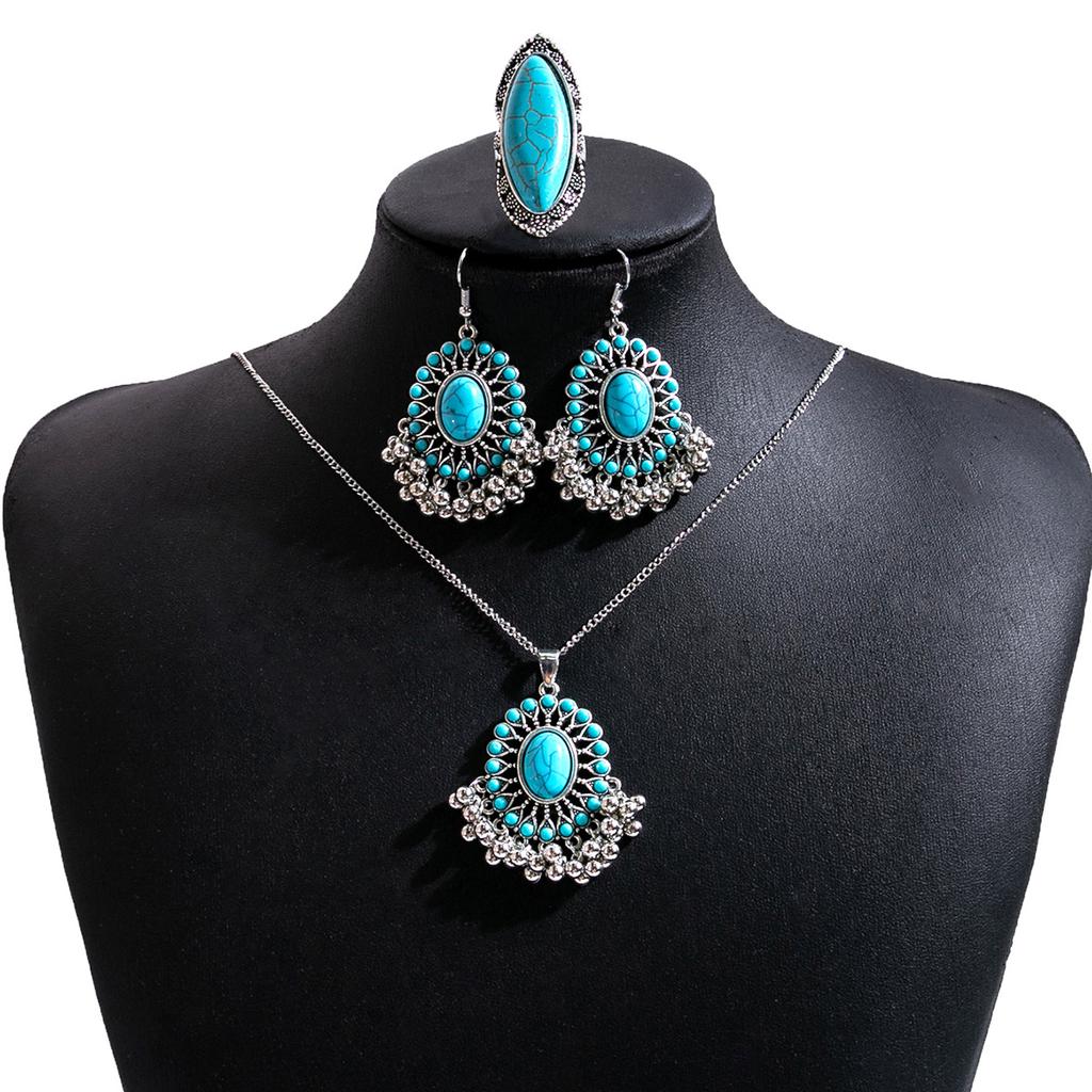 Europäisch, Amerikanisch Böhmische Diamant Perlen Ohrringe, Ethnischer Stil Türkis Fransen Halskette Blumen Schmuckset Damen