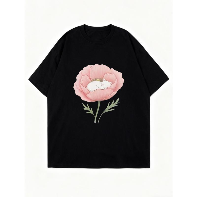Oversized T Shirt Black Poppy Flower With Sleeping Cat Print Casual Wear For Women