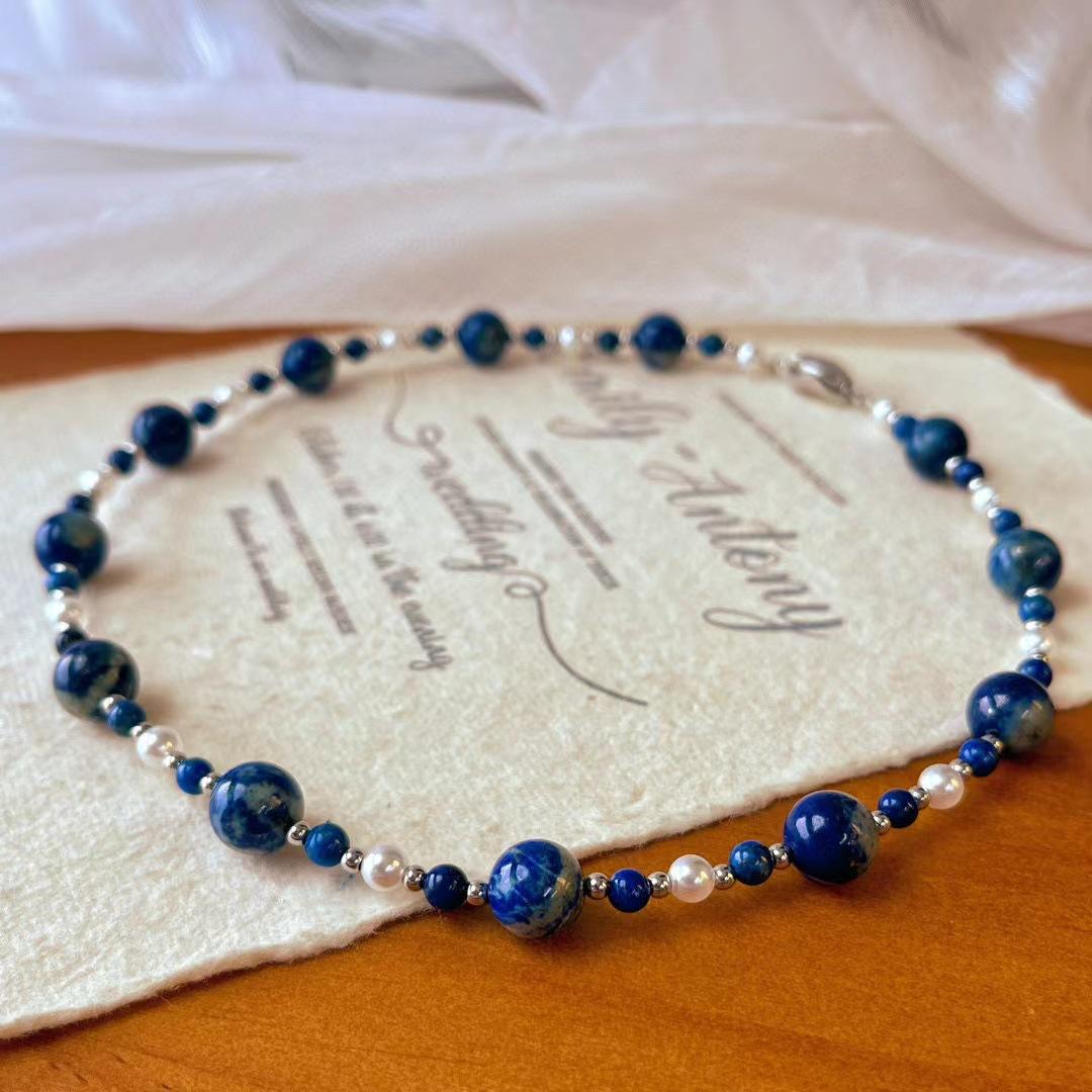 

Vintage Natural Non-Optimized Lapis Lazuli Shijia Cold White Pearl Gypsy Collarbone Chain Necklace Neck Chain String