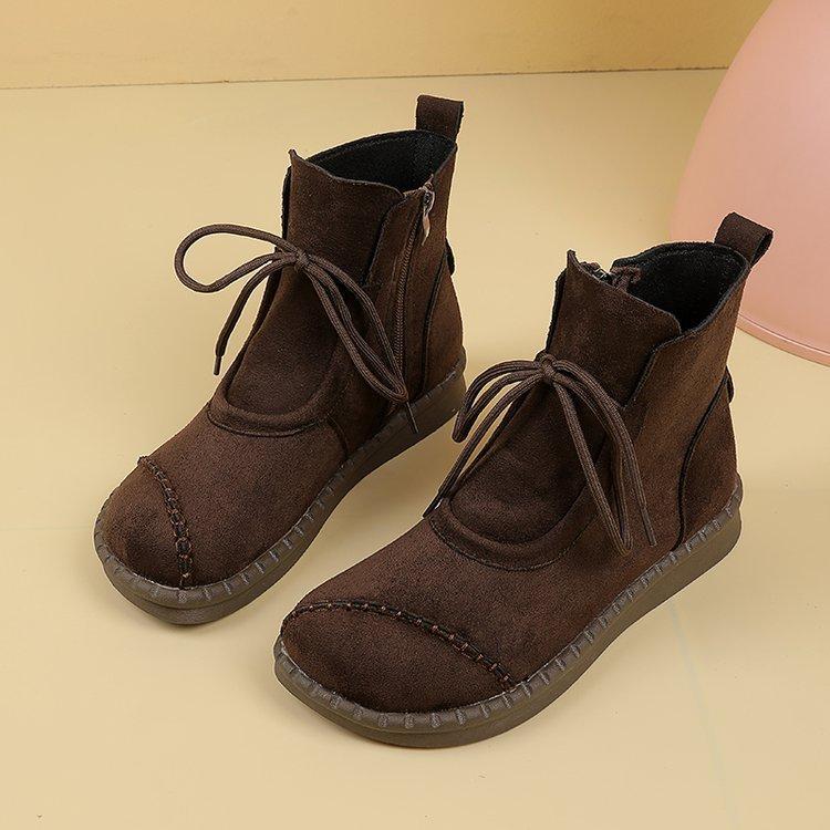Thick-fibered Cotton Boots for Women, New Style, Soft Leather, Retro Casual Flat Shoes