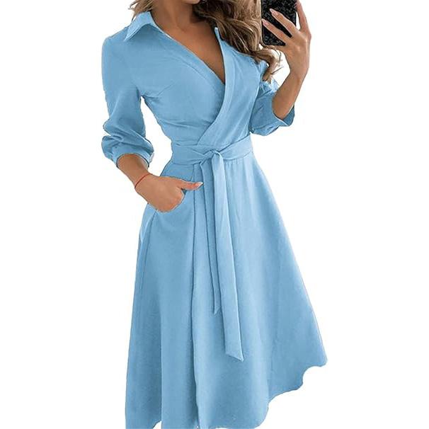Robe Maxi à Manches Longues pour Femme Col en V Longueur Cheville Robe Longue Décontractée Robe Trapèze avec Ceinture