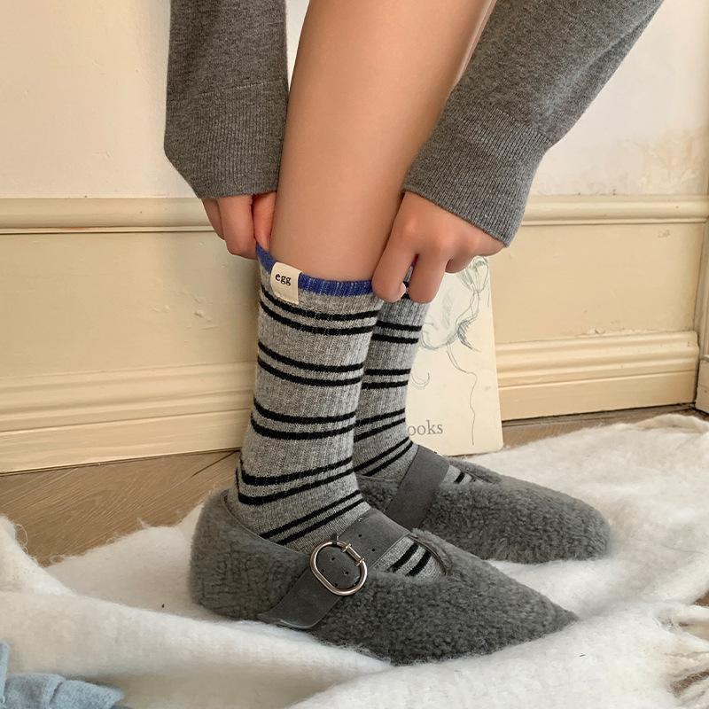 Korean Egg Cloth Label Warm Striped Socks Sheep Wool Mid-Leg Socks Women Versatile Atmosphere Stacked Socks