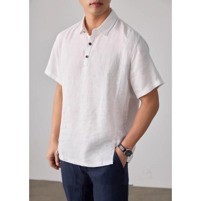 Men s Linen Blend Polo Shirt, Short Sleeve Casual Half-Button Collared Shirt M белый
