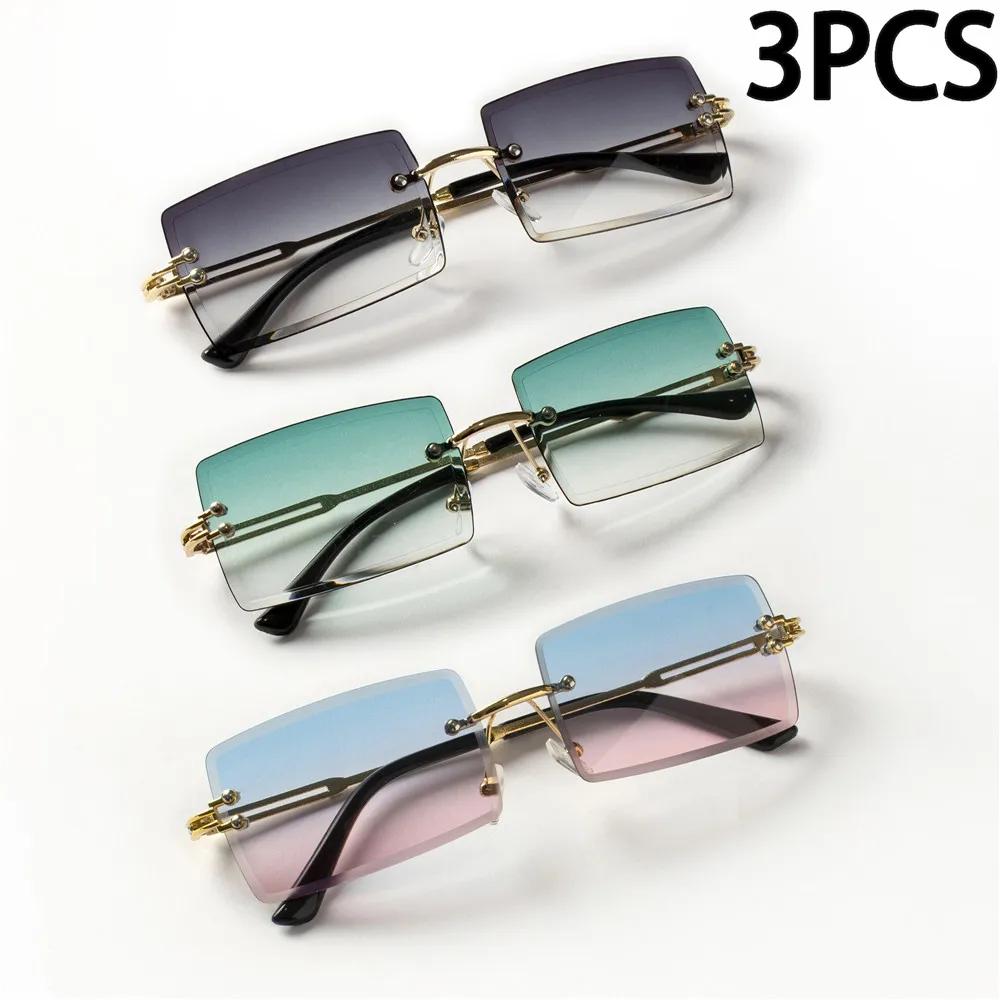 3PCS Fashion Rimless Sunglasses Women Trendy Small Rectangle Sun Glasses  Summer Traveling Style Brown Shades for Men