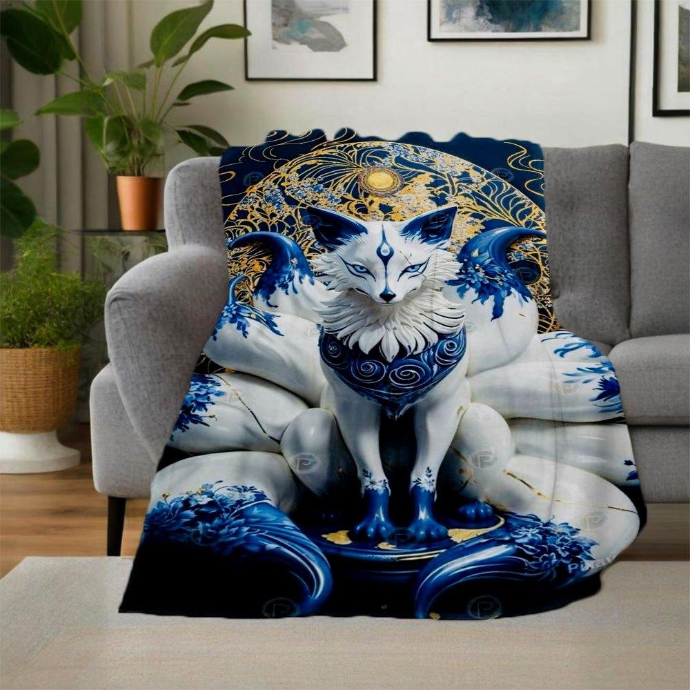 Blue and White Porcelain Fox Statue Decorative FigurineBlanket Flannel Throw Blanket for Sofa, Bed, Travel, Camping, Office, Couch, Chair, A