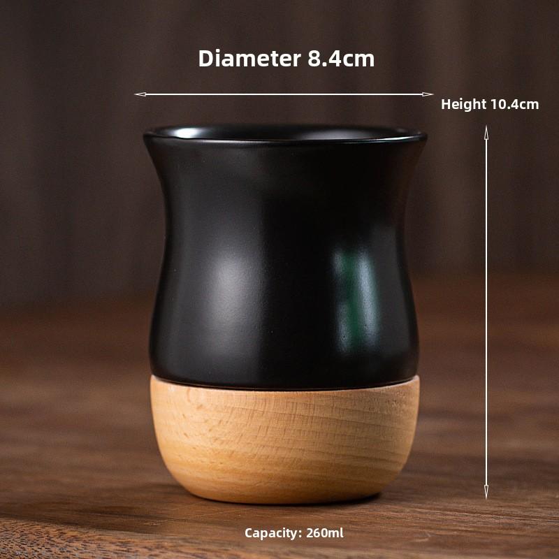 260ml Vintage Stoneware Coffee Mug with Wooden Saucer - Handcrafted Ceramic Espresso Cup for Office & Home Use