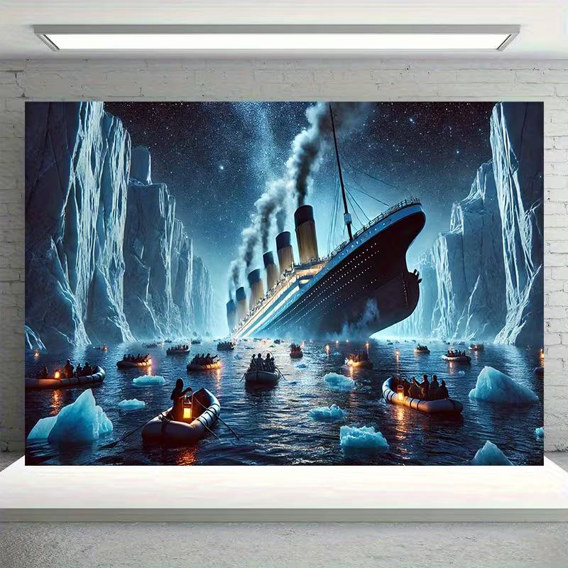 2D RMS Titanic Banner, Historical Ship Disaster Scene with Lifeboats