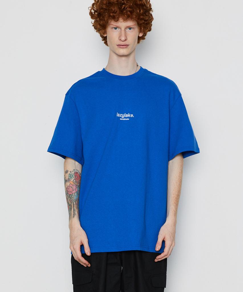 LAZY LAKE Unisex Center Embroidered Logo T-Shirt Blue
