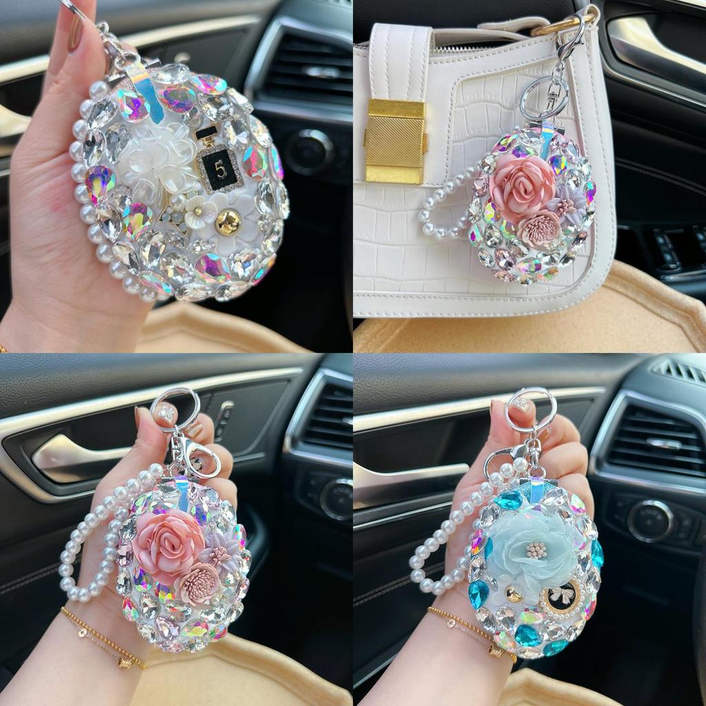 Crystal Glass Mirror Keychain Diy Finished Portable Makeup Mirror Bag Pendant Gift Wholesale Source Yiwu
