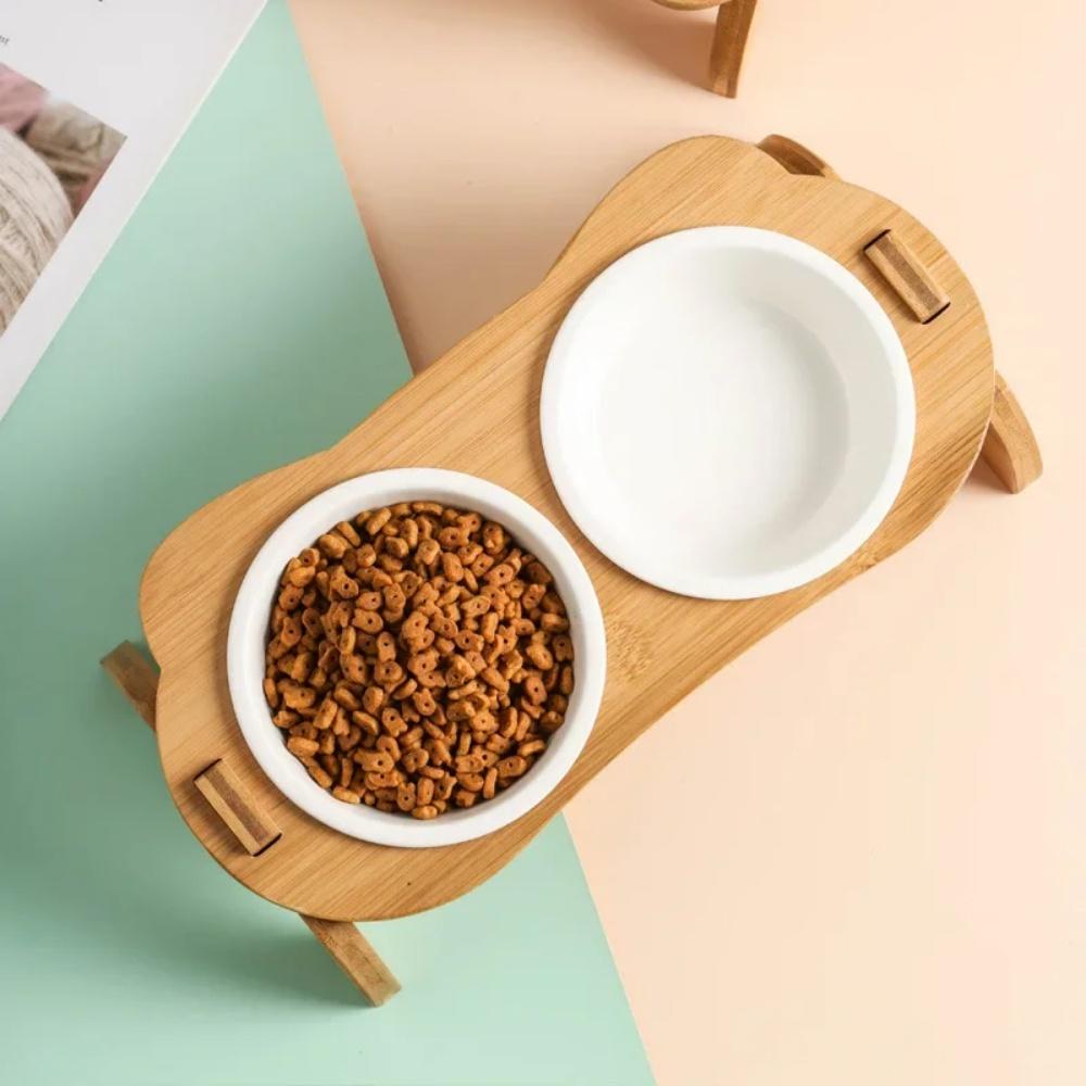Wooden Ceramic Pet Bowl Cat and Dog Supplies Single Double Bowl with Oblique Mouth High Foot Leak Proof Pet Food Bowl and Feeder