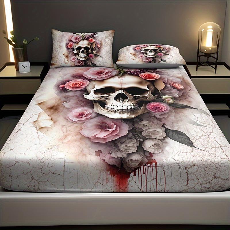 Pink Rose Skull Fitted Sheet Set 3D Print Dark Romantic Bedding Set Soft Breathable Microfiber Fabric For Adults Bedroom Decor