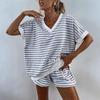 Women's Summer Striped V-Neck Two-Piece Set: Casual Loose Top & Sports Shorts