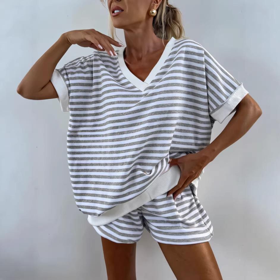 Women's Summer Striped V-Neck Two-Piece Set: Casual Loose Top & Sports Shorts