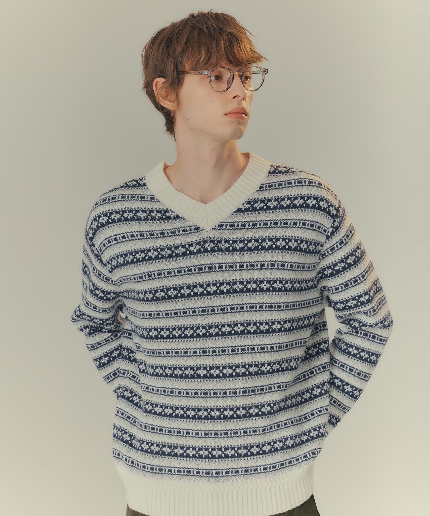 Mind Bridge Wool Blend Fair Isle V-Neck Semi-Oversized Knit Mykt7153 Na/100