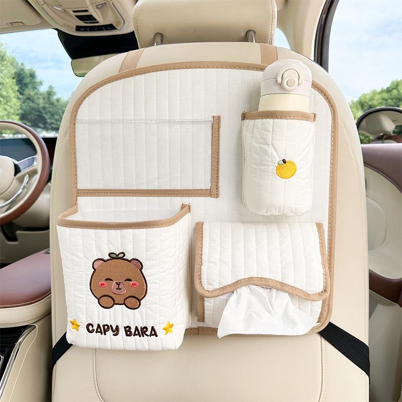 Cartoon Car Back Seat Organizer Fabric Multifunctional Large Capacity Cute Car Trash Bin Tissue Box