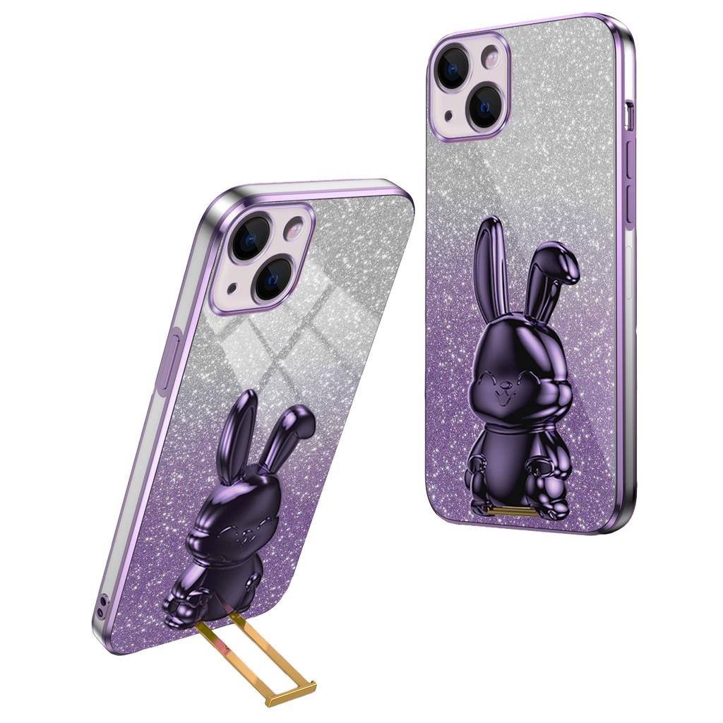 For iPhone 14 Plus Shockproof Cute Rabbit Glitter Case Phone Cover with Kickstand