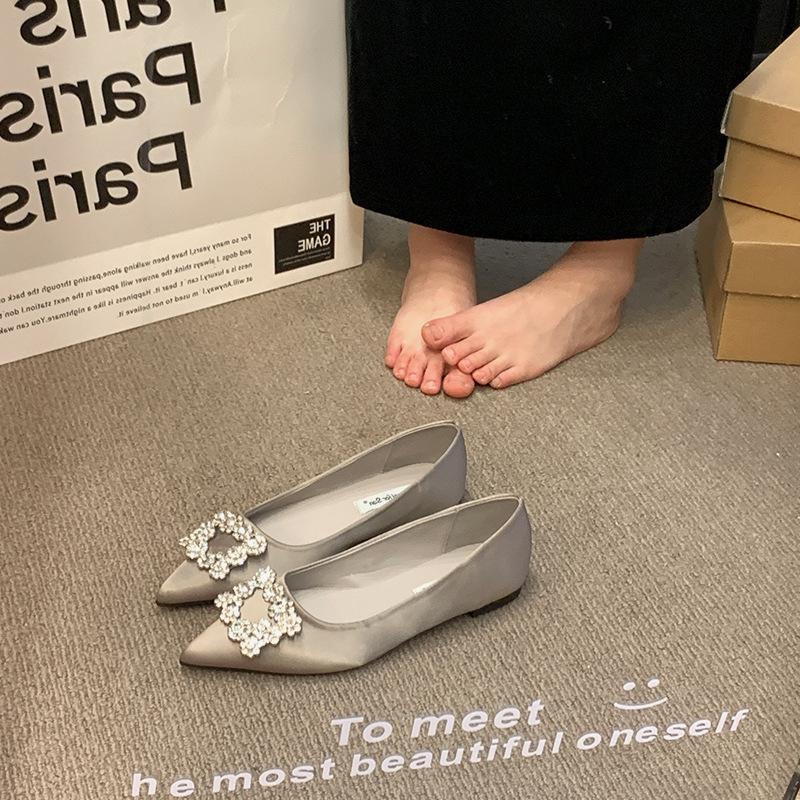 French temperament satin single shoes women's spring pointed rhinestone square buckle with skirt flat bottom ladyshoes