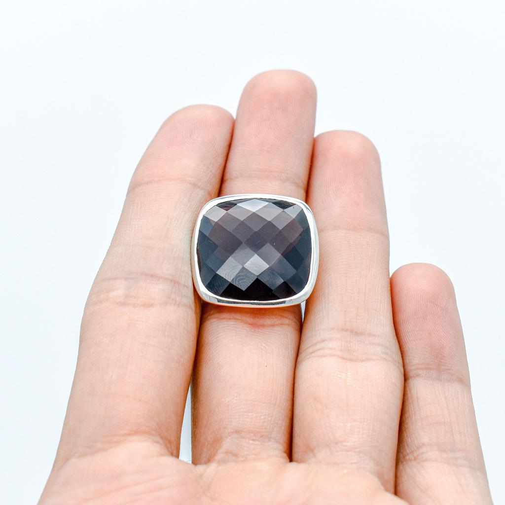 Cushion Cut Smoky Quartz Ring: Sterling Silver Unisex Band