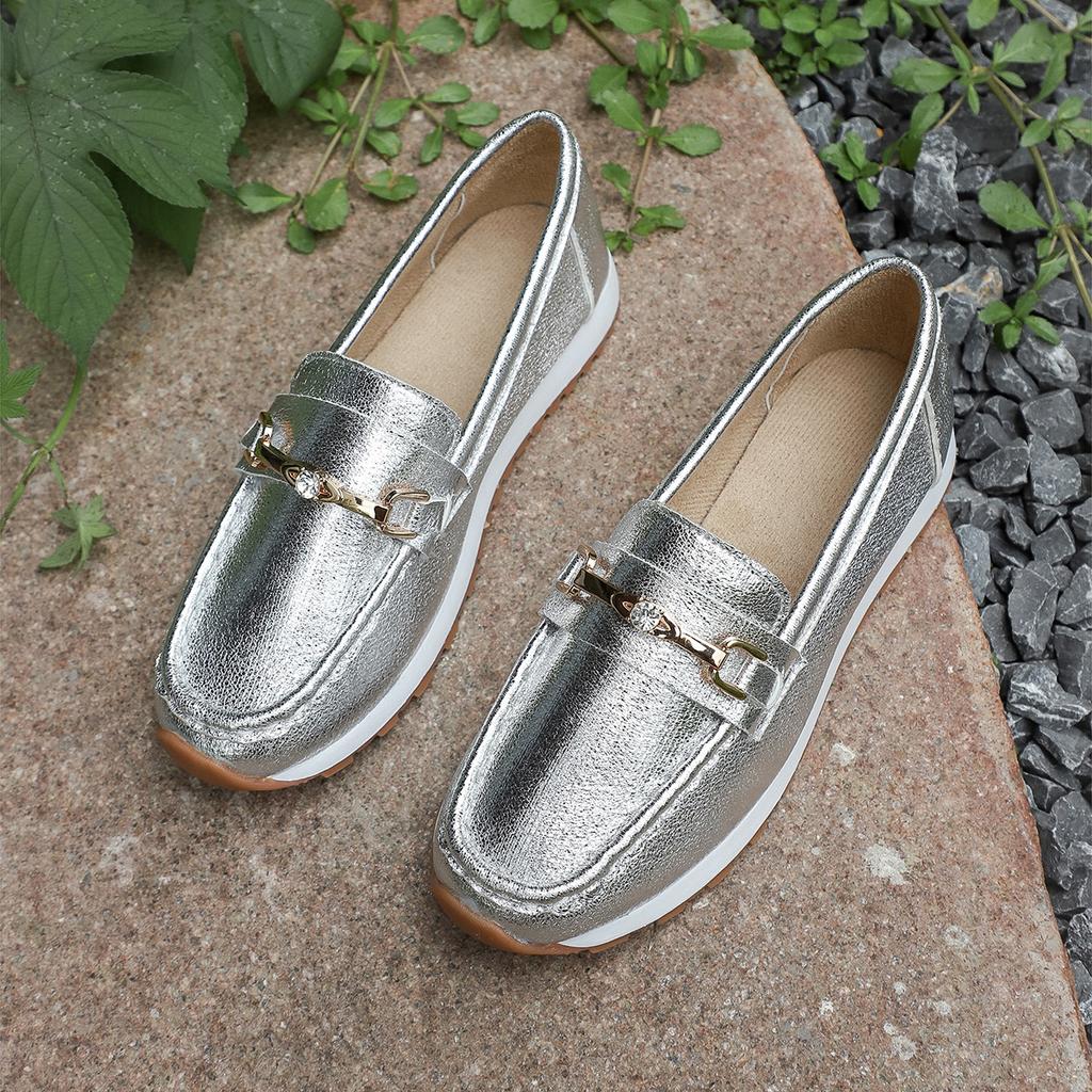 Fashion Female Women Round Head Low Heel Knot Chain Casual Footwear Sneakers Mother Shoes Lady Loafer Retro Spring Autumn New Bean Shoes