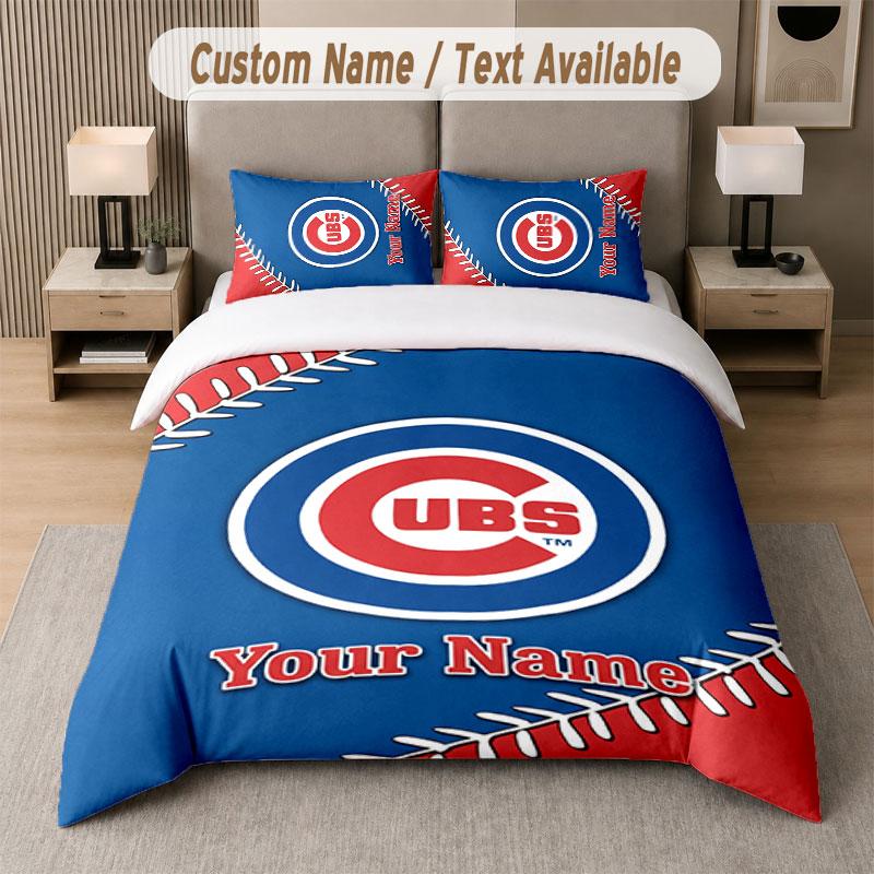 Custom Bedding Set Chicago Cubs Pattern, Print Name Text 1 Duvet Cover plus 2 Pillowcases Home Textile