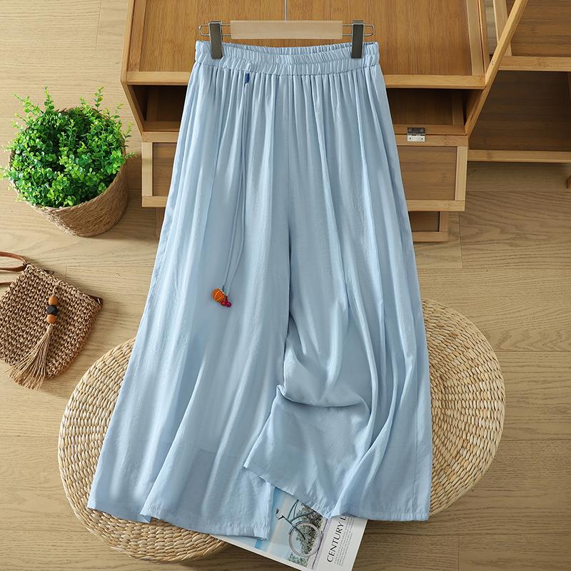 DIMANAF 2026 Plus Size Women Linen Pants Elastic Waist Vintage Basic Lady Wide Leg Long Pants Oversize Loose Tencel Solid