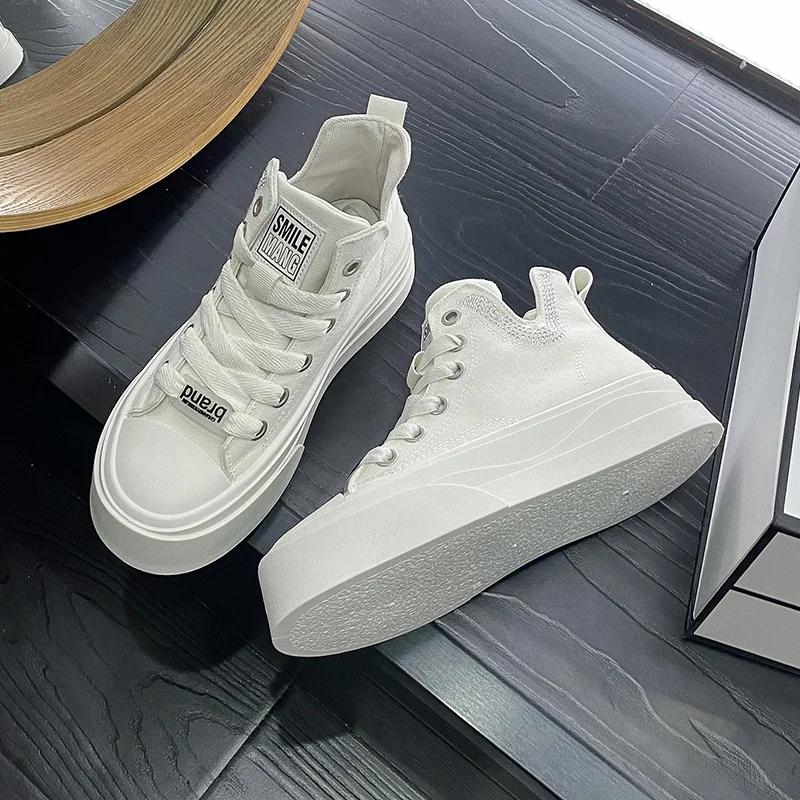 Round Headed Sponge Sole Canvas High Top Single Shoes for Women, 2024 New Casual and Fashionable Flat Sports Skateboard Shoes