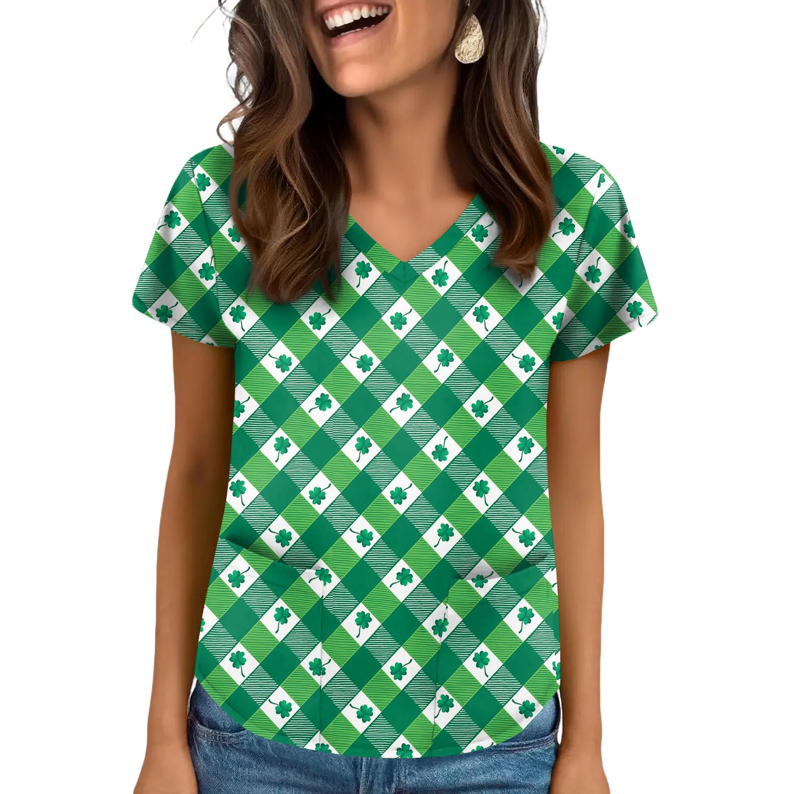 

Женский топ с V-образным вырезом, принтом ко Дню святого Патрика, короткими рукавами, карманом и боковыми разрезами XL