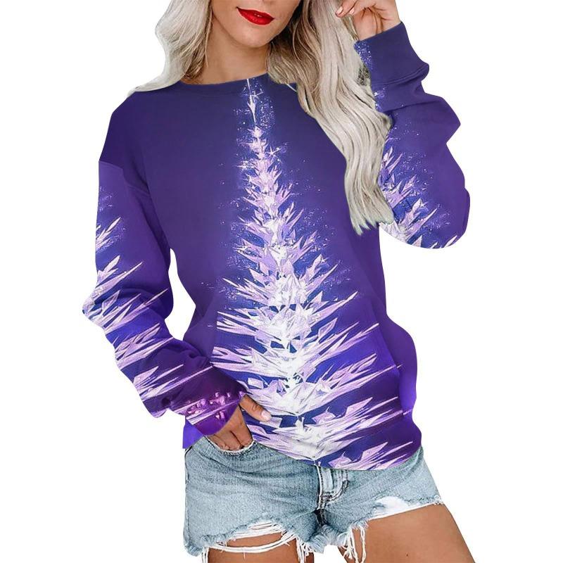 Autumn Winter Fashion Christmas Series Christmas Tree Elk Printed Pocket Round Neck Hoodie
