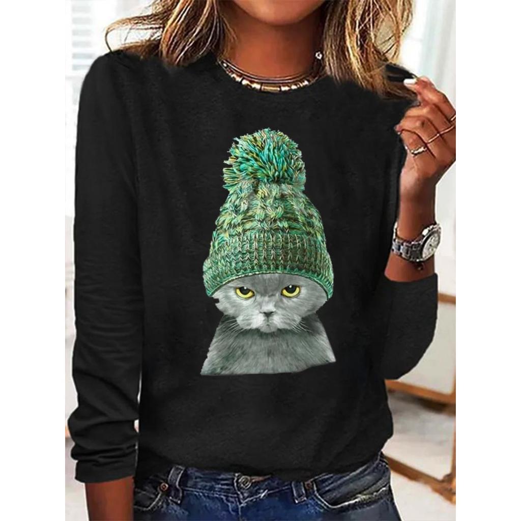 Rundhals 3D-bedrucktes Katzenmuster Top Modische Lässige Langarm Damen T-Shirts