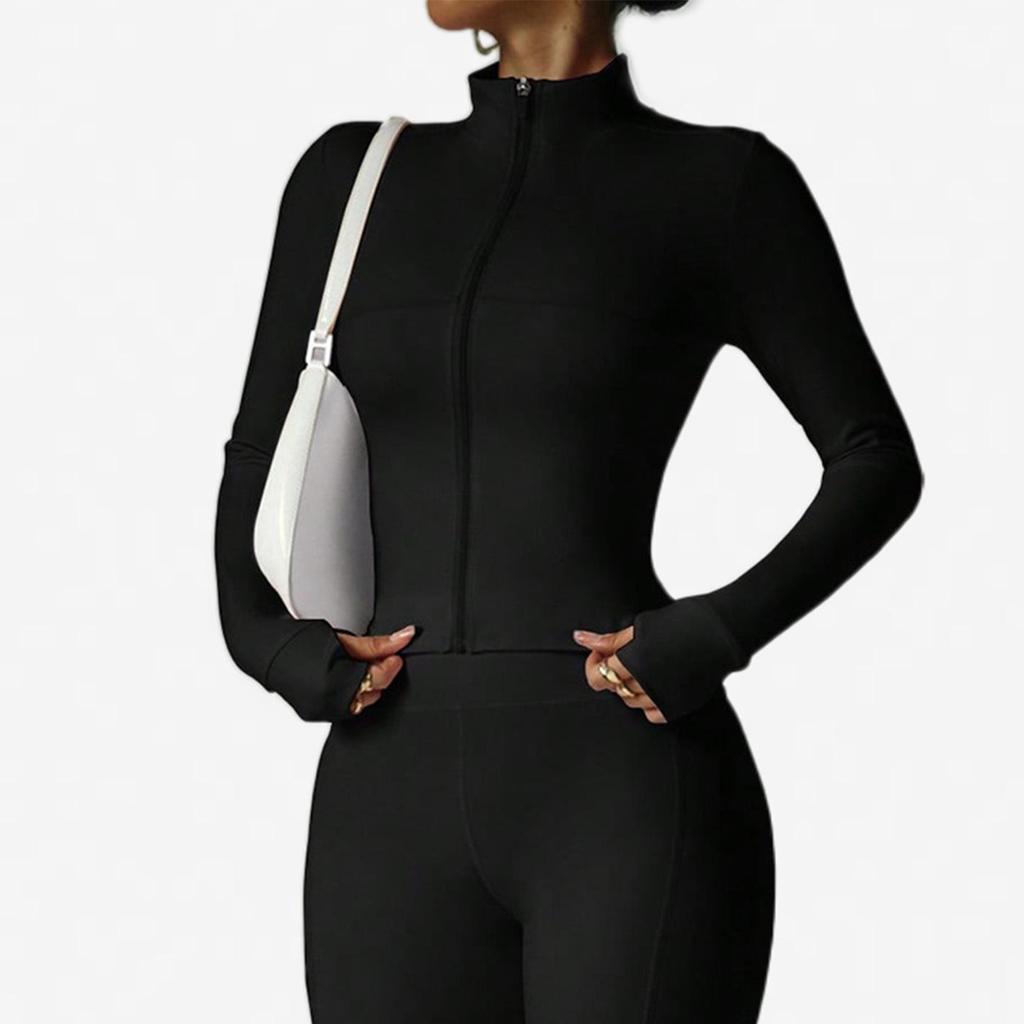 Waist-Cinching Yoga Set: Long-Sleeve Jacket & Butt-Lifting Micro-Flare Pants - Women's Sportswear for Autumn/Winter.
