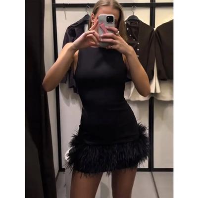 Elegante Mini Kleid Frauen Lose Rundhals Patchwork Feder Ärmellose Robe Weibliche 2024 Fashion Solid Party Chic Abendkleider