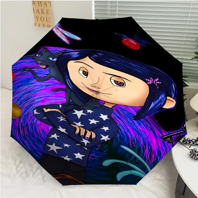Coraline Print Automatic Umbrella, 8 Rib Iron Frame, Plastic Handle, Suitable for Outdoor Travel &Daily , Ideal Gift