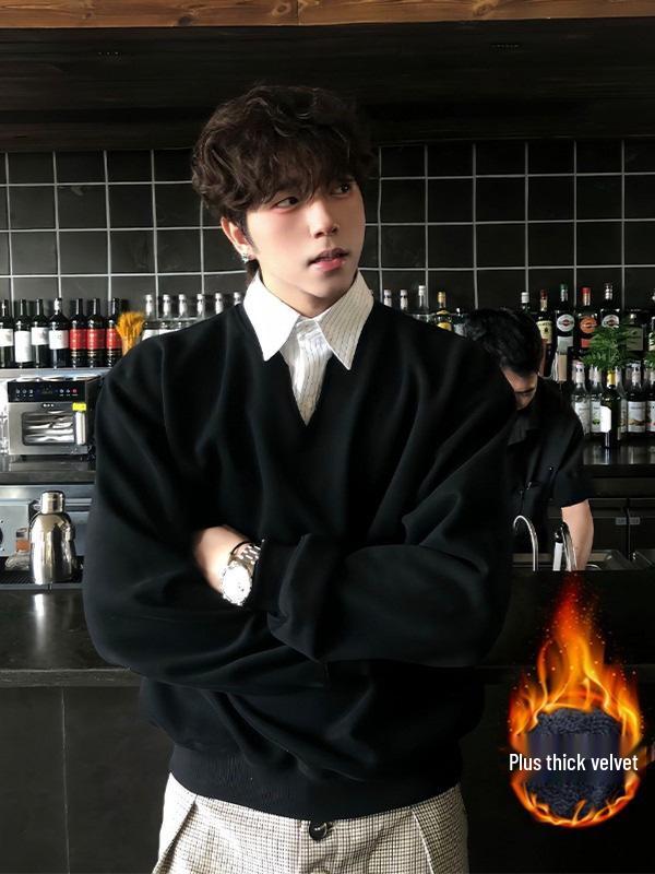 Men's Black Two-Piece Style Polo Hoodie with Velvet Collar - College Style, Long Sleeve, Autumn/Winter