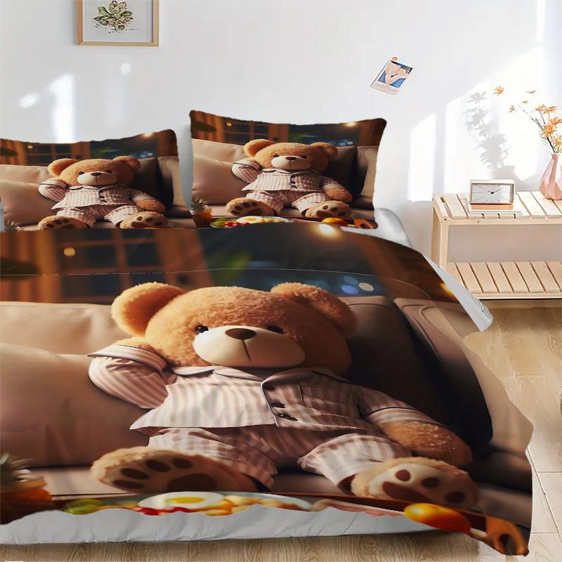 3pcs Anime Teddy Bear Bedding Set - Includes One Quilt Cover and Two Pillowcases (No Core) - Home Decor, Festival Gift, Polyester Fabric, Ca